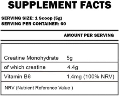 Nutrition facts for Kevin Levrone Gold Creatine Monohydrate 300g (60 Servings) - Unflavored