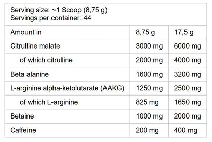 Nutrition facts for Kevin Levrone Maryland Muscle Machine Preworkout - Blackberry Pineapple