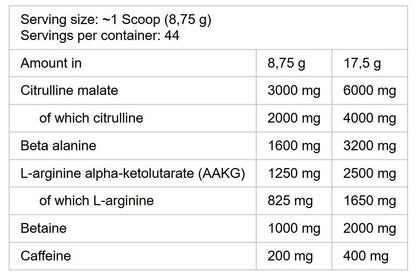 Nutrition facts for Kevin Levrone Maryland Muscle Machine Preworkout - Fruit Punch