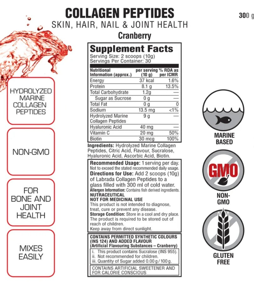 Nutrition facts for Labrada Marine Collagen Peptides - Cranberry
