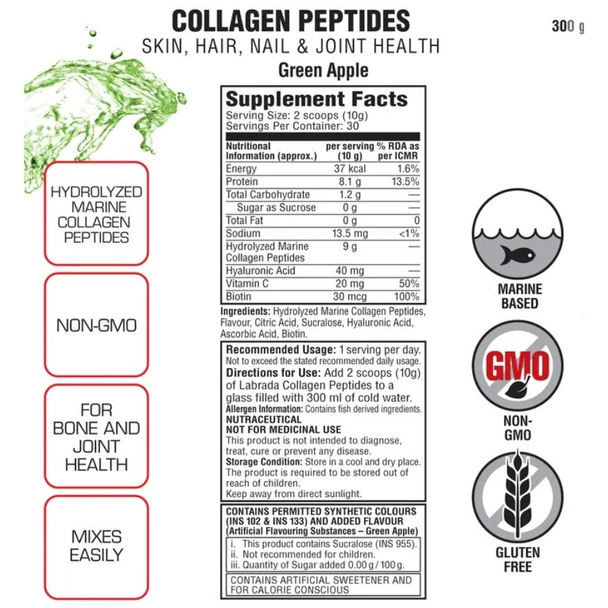 Nutrition facts for Labrada Marine Collagen Peptides - Green Apple