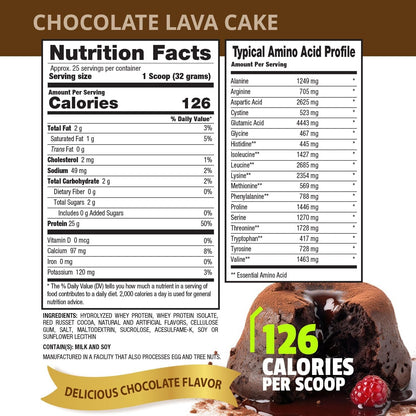 Nutrition facts for Larry Wheels 100% Hydrolyzed Whey Isolate 2lbs - Chocolate Lava Cake