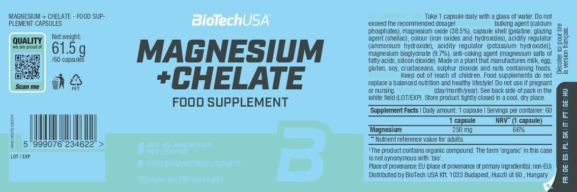 Nutrition facts for BioTechUSA Magnesium Chelate 60 Caps