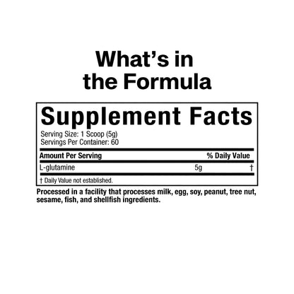 Nutrition facts for MuscleTech Platinum 100% Glutamine 250g - Unflavored