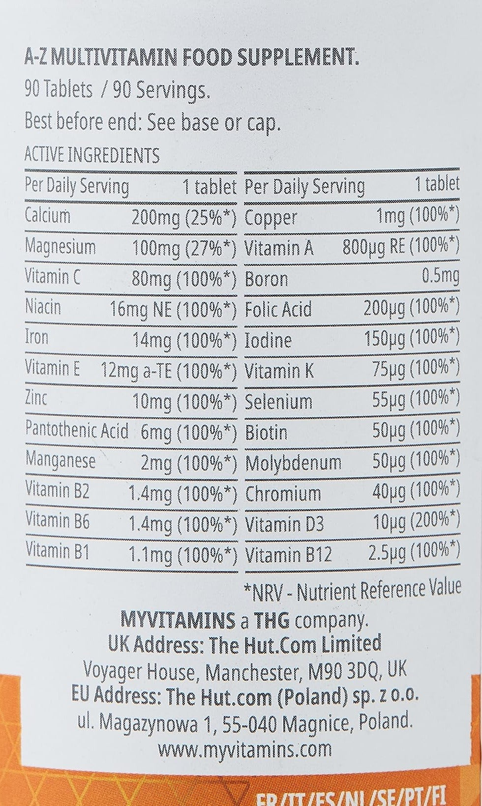 Nutrition facts for Myprotein Myvitamins A-Z Multivitamin (90 tabs)