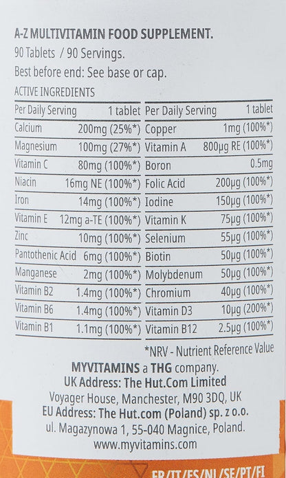 Nutrition facts for Myprotein Myvitamins A-Z Multivitamin (90 tabs)
