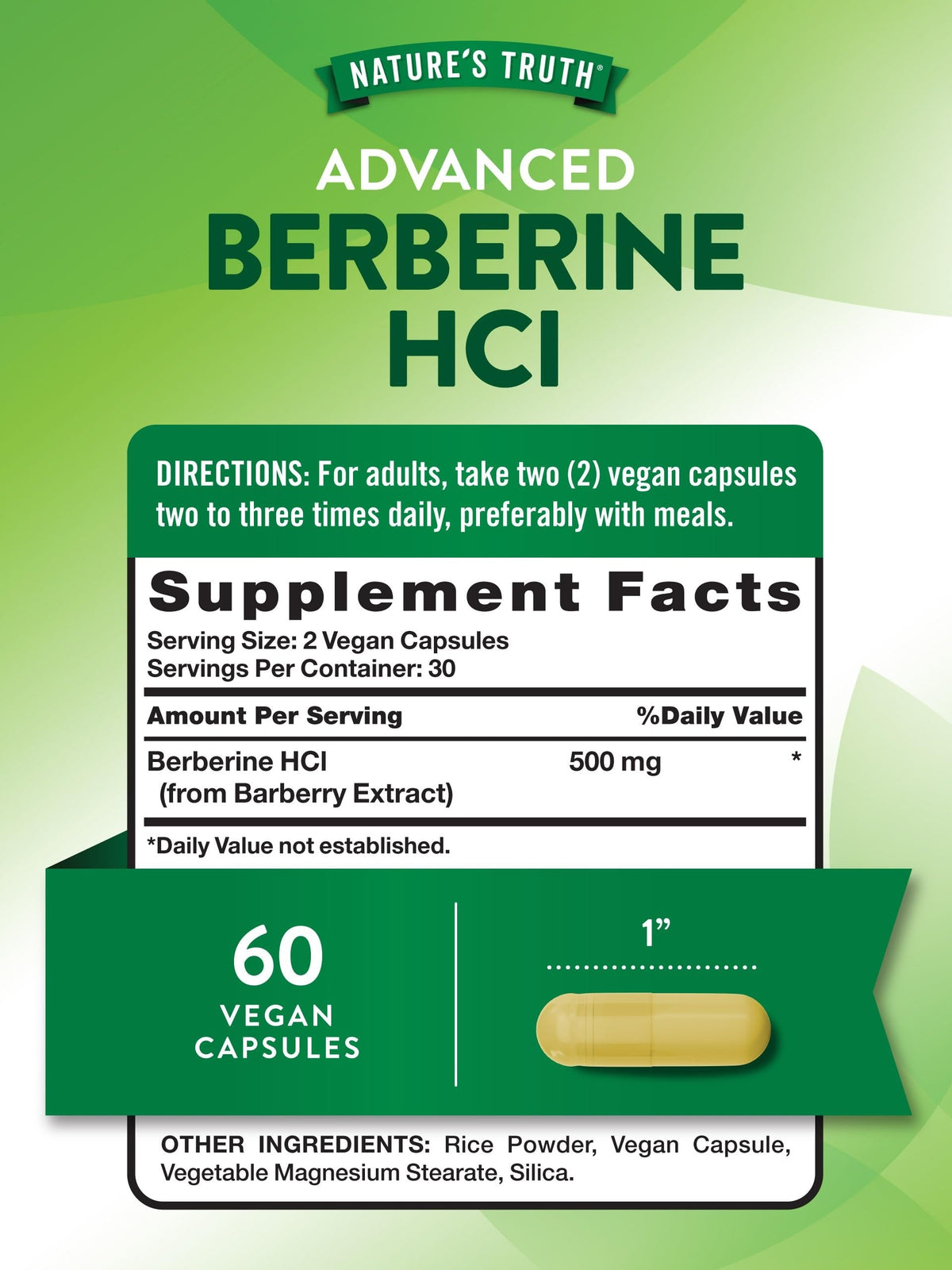 Nutrition facts for Nature’s Truth Berberine HCL 500mg 60 Capsules