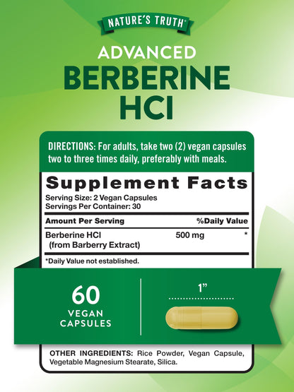 Nutrition facts for Nature’s Truth Berberine HCL 500mg 60 Capsules