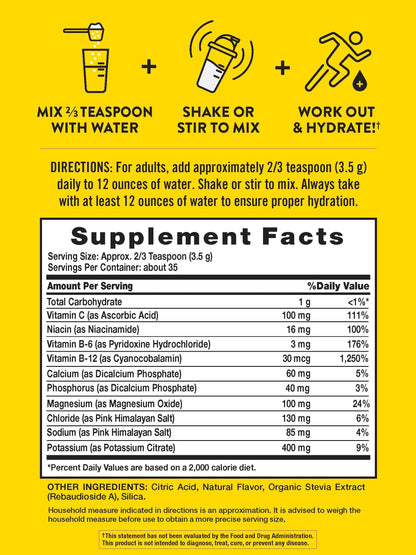 Nutrition facts for Nature's Truth Electrolyte Hydration + B vitamins Powder - Lemon