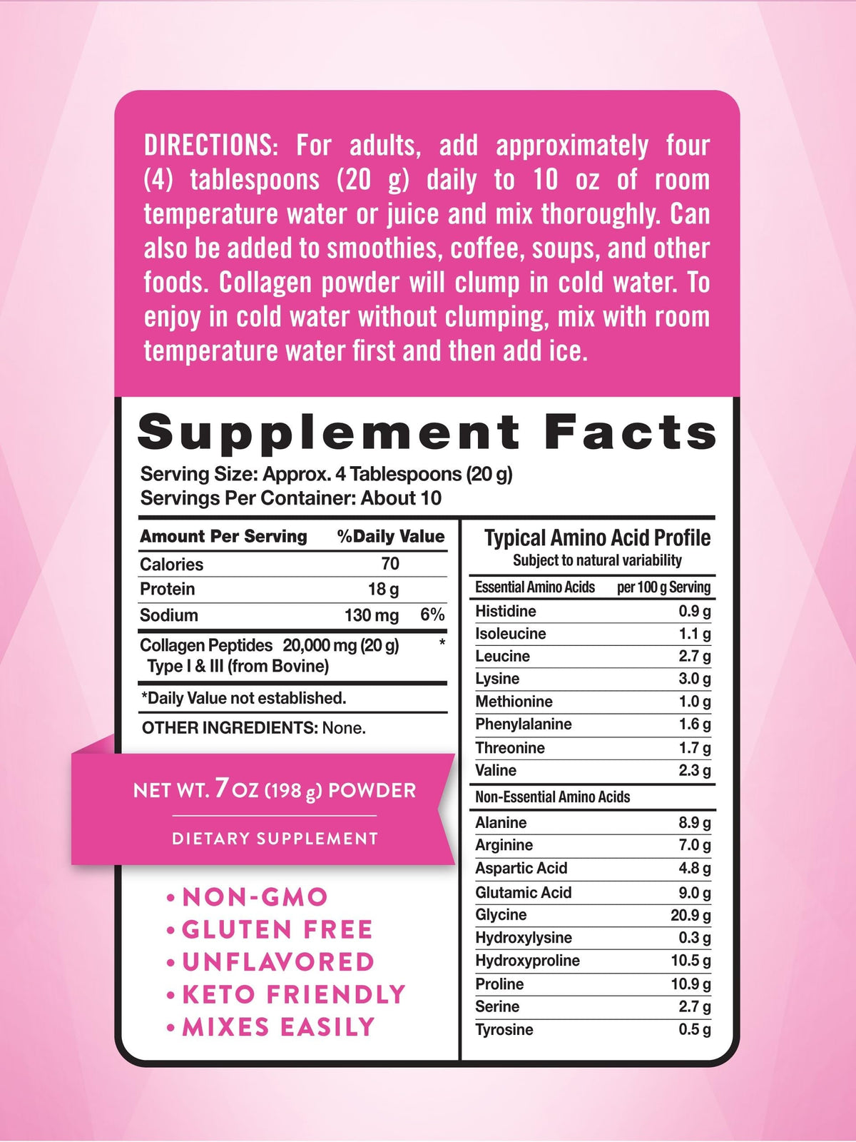 Nutrition facts for Nature's Truth NT collagen Powder - Unflavored