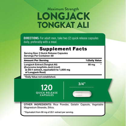 Nutrition facts for Nature’s Truth Longjack Tongkat Ali 1600mg 120 Capsules