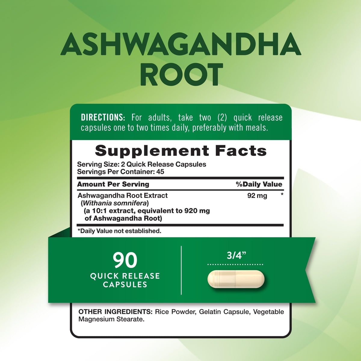 Nutrition facts for Nature's Truth Ashwagandha 920mg 90 Caps