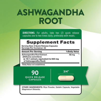 Nutrition facts for Nature's Truth Ashwagandha 920mg 90 Caps