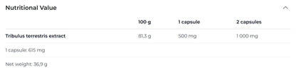 Nutrition facts for Nutrend TRIBULUS TERRESTRIS