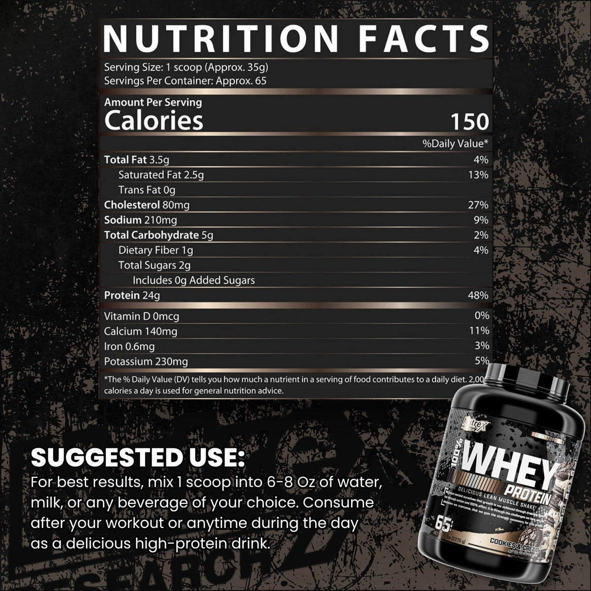 Nutrition facts for Nutrex 100% Whey Protein - Cookies & Cream