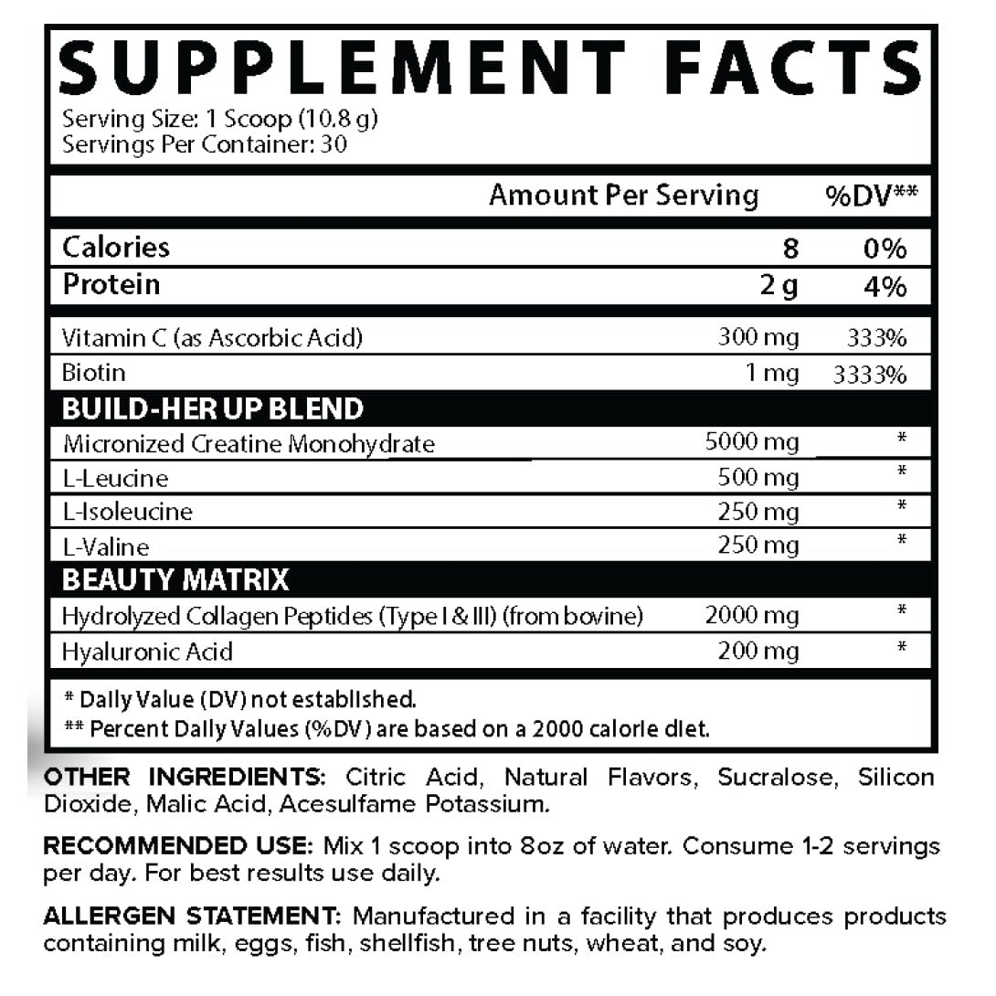Nutrition facts for Nutrex Creatine For Women + Collagen + BCAAs - Pink Lemonade