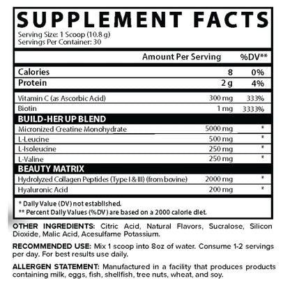 Nutrition facts for Nutrex Creatine For Women + Collagen + BCAAs - Pink Lemonade
