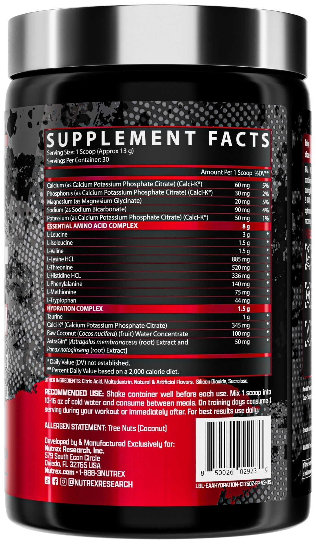 Nutrition facts for Nutrex EAA+ Hydration - Fruit Punch