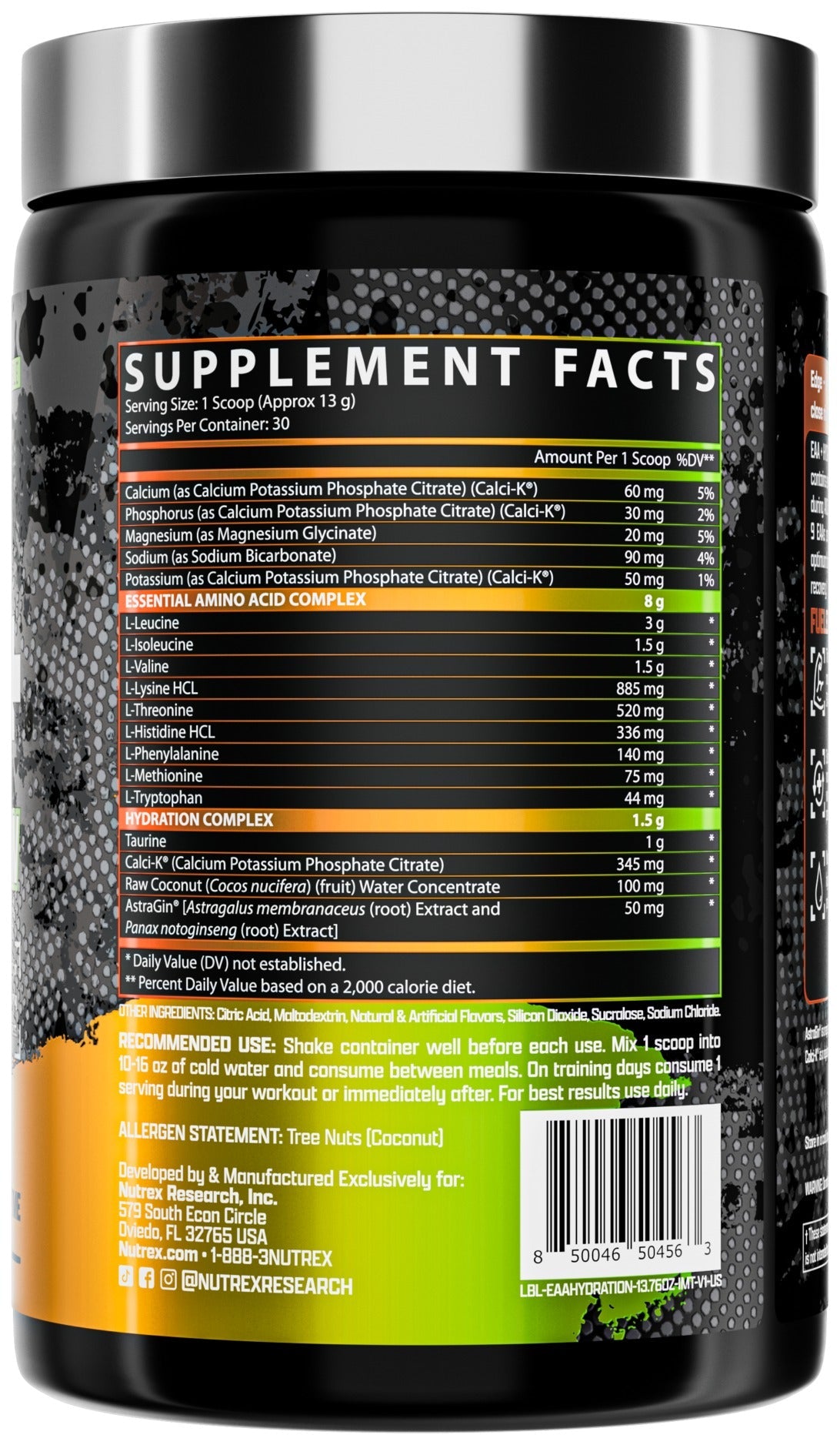 Nutrition facts for Nutrex EAA+ Hydration - It's Mango Time