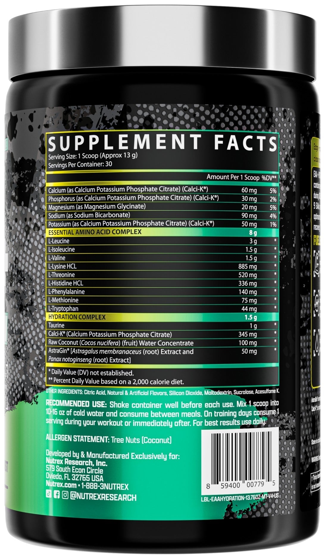 Nutrition facts for Nutrex EAA+ Hydration - Maui Twist