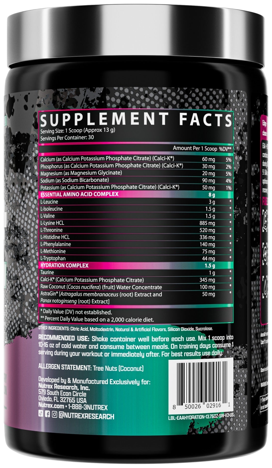Nutrition facts for Nutrex EAA+ Hydration - Strawberry Watermelon