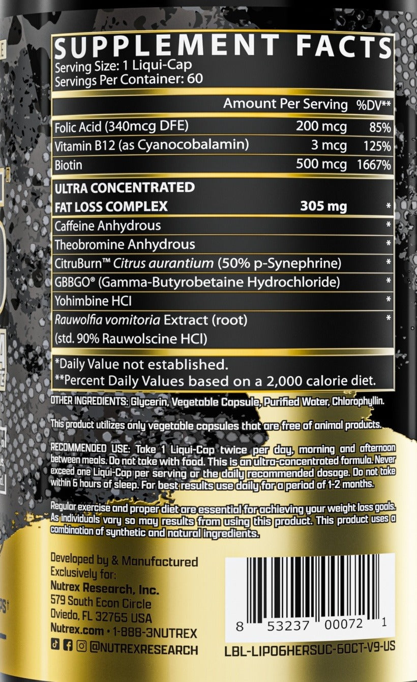 Nutrition facts for Nutrex Lipo-6 Black HERS Ultra Concentrate (60 caps)