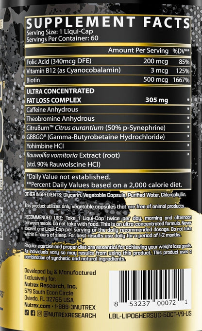 Nutrition facts for Nutrex Lipo-6 Black HERS Ultra Concentrate (60 caps)