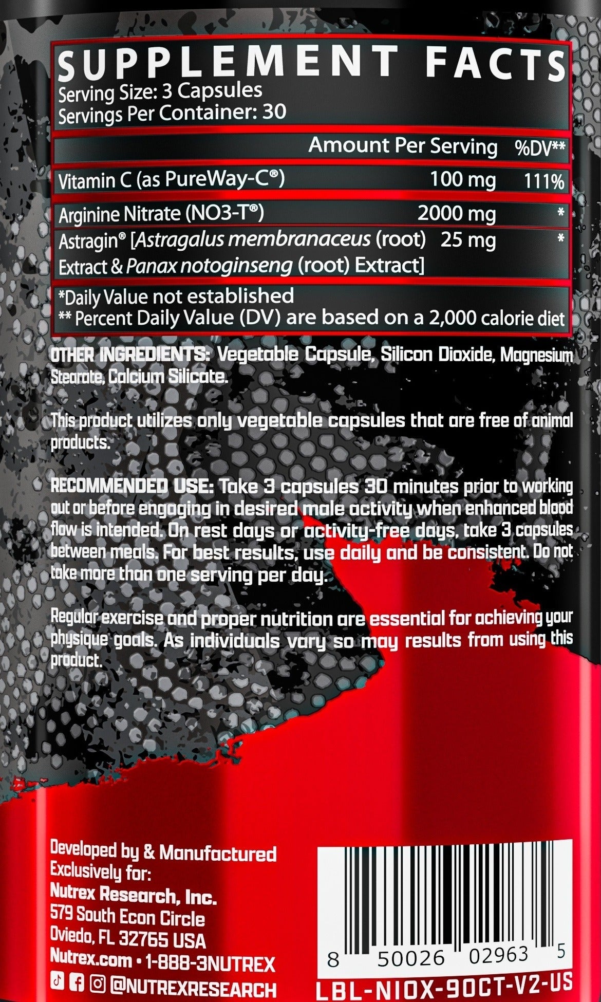 Nutrition facts for Nutrex NIOX 90 Caps