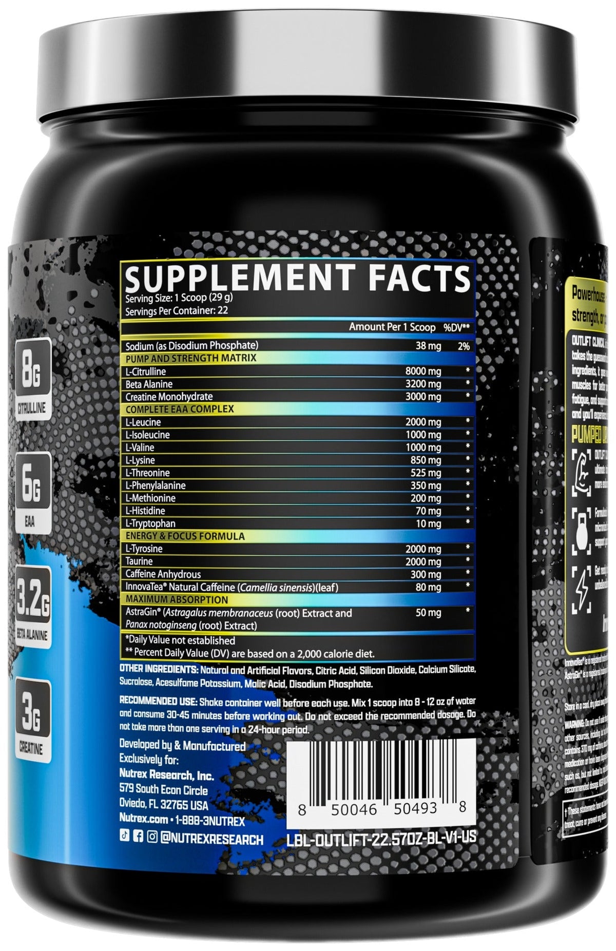 Nutrition facts for Nutrex OUTLIFT CLINICAL Preworkout - Blueberry Lemonade
