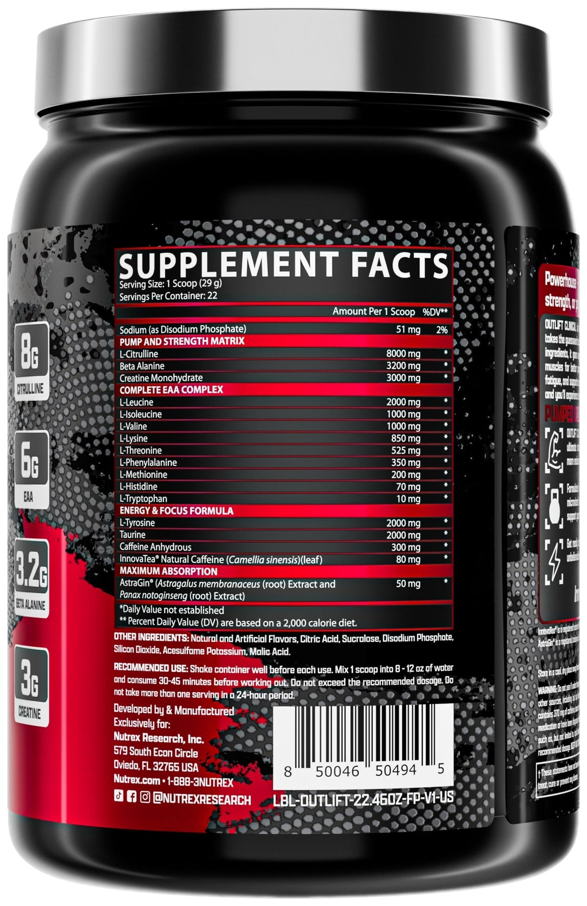 Nutrition facts for Nutrex OUTLIFT CLINICAL Preworkout - Fruit Punch