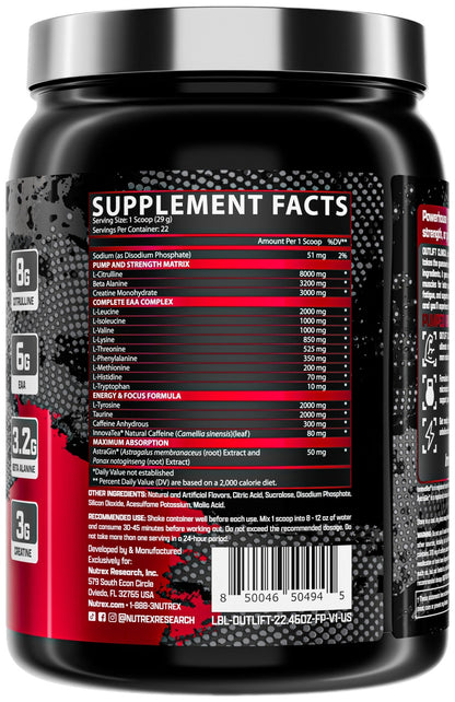 Nutrition facts for Nutrex OUTLIFT CLINICAL Preworkout - Fruit Punch