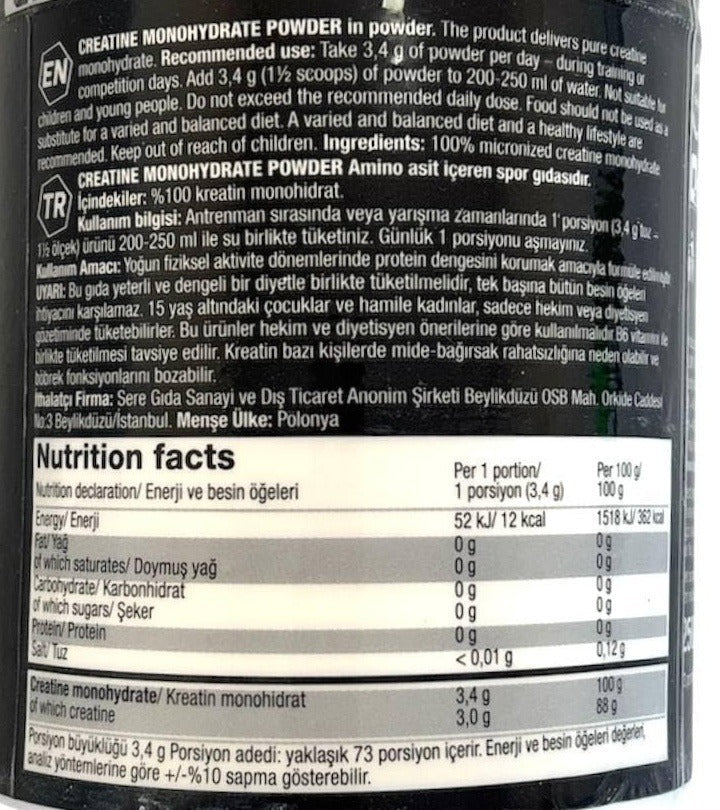 Nutrition facts for Olimp Sport Nutrition Creatine Monohydrate 250g/550g