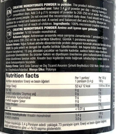 Nutrition facts for Olimp Sport Nutrition Creatine Monohydrate 250g/550g