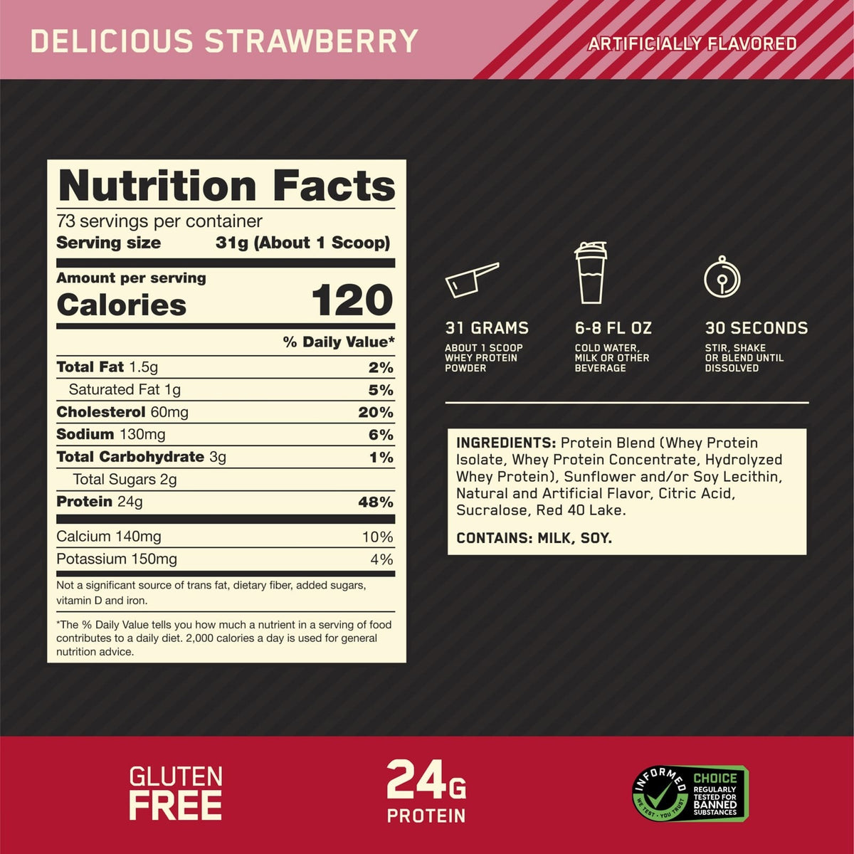 Nutrition facts for Optimum Nutrition 100% WHEY GOLD STANDARD - Delicious Strawberry