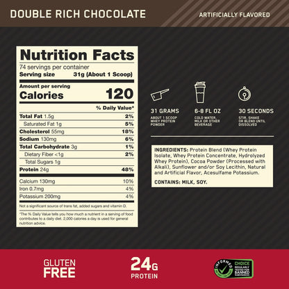 Nutrition facts for Optimum Nutrition 100% WHEY GOLD STANDARD - Double Rich Chocolate