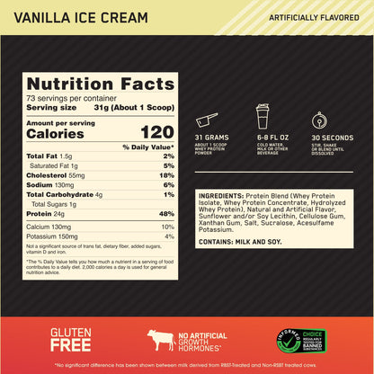 Nutrition facts for Optimum Nutrition 100% WHEY GOLD STANDARD - Vanilla Ice Cream