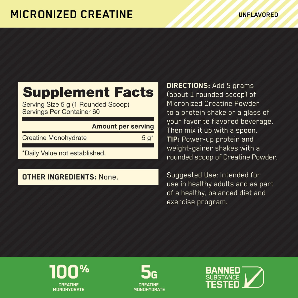 Nutrition facts for Optimum Nutrition ON Micronized Creatine Monohydrate - Unflavored