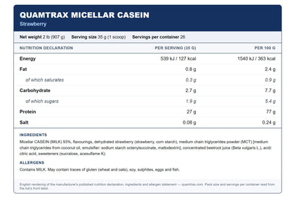 Nutrition facts for Quamtrax Micellar Casein 908g - Strawberry