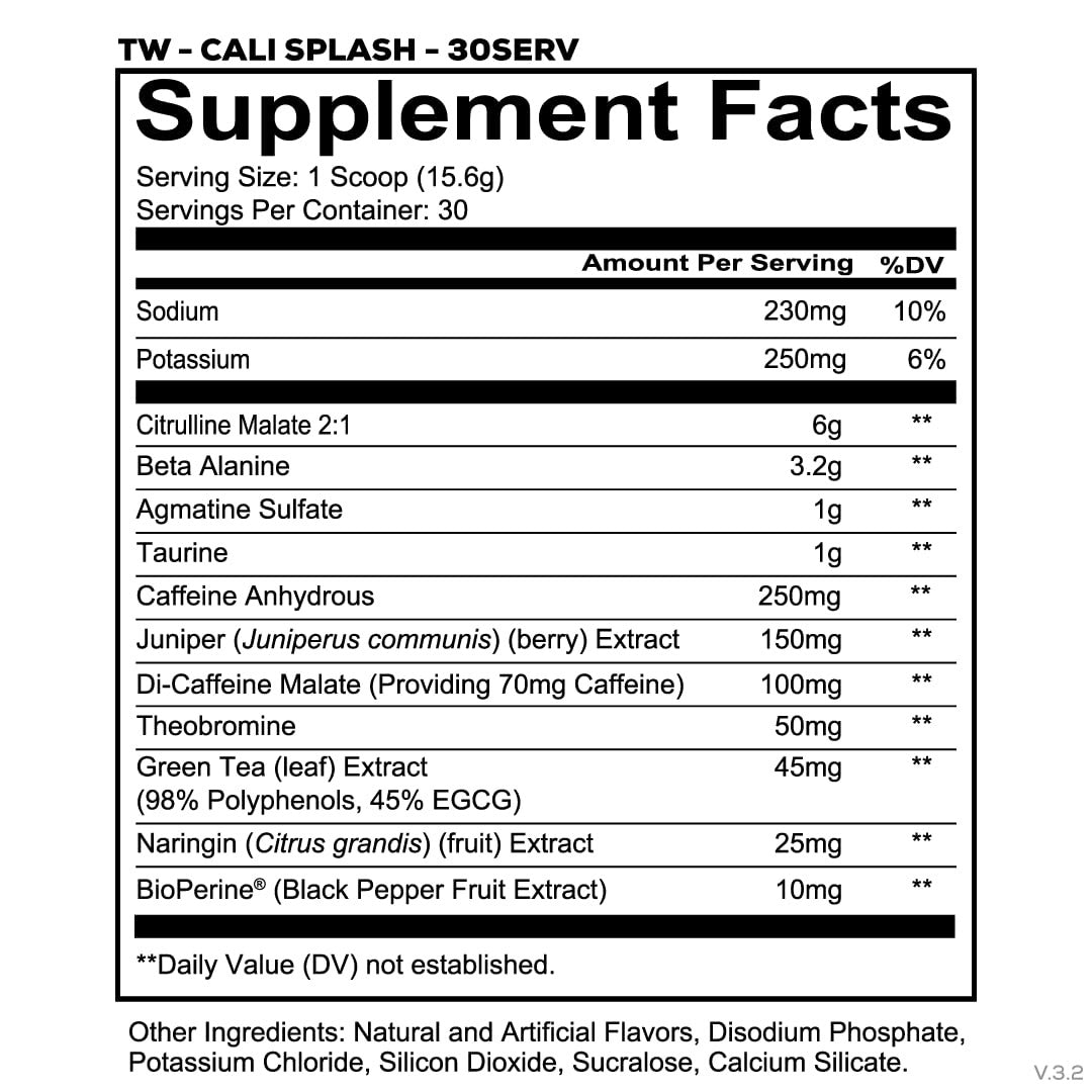 Nutrition facts for Redcon1 TOTAL WAR Preworkout - Cali Splash