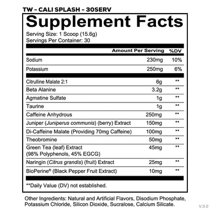 Nutrition facts for Redcon1 TOTAL WAR Preworkout - Cali Splash