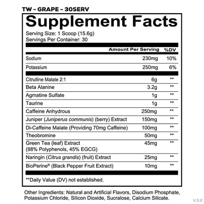 Nutrition facts for Redcon1 TOTAL WAR Preworkout - Grape