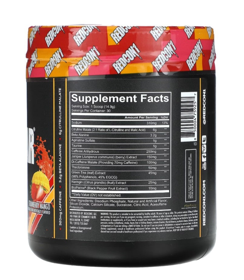 Nutrition facts for Redcon1 TOTAL WAR Preworkout - Strawberry Mango