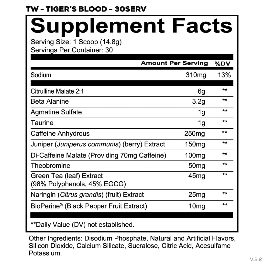 Nutrition facts for Redcon1 TOTAL WAR Preworkout - Tigers Blood
