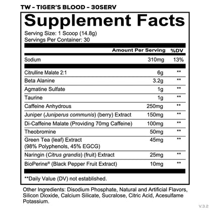 Nutrition facts for Redcon1 TOTAL WAR Preworkout - Tigers Blood