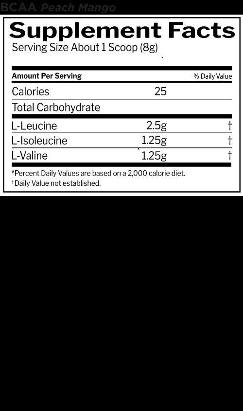 Nutrition facts for Rule 1 R1 BCAA - Peach Mango