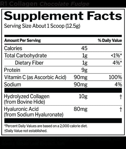 Nutrition facts for Rule 1 R1 Collagen Peptides - Chocolate Fudge