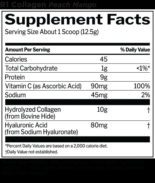Nutrition facts for Rule 1 R1 Collagen Peptides - Peach Mango