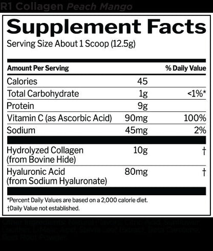 Nutrition facts for Rule 1 R1 Collagen Peptides - Peach Mango