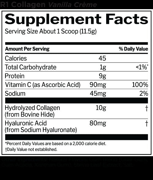 Nutrition facts for Rule 1 R1 Collagen Peptides - Vanilla Creme