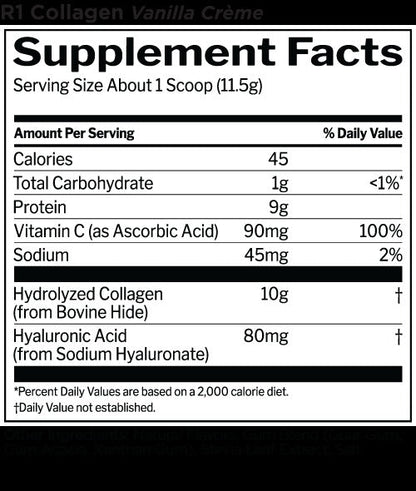 Nutrition facts for Rule 1 R1 Collagen Peptides - Vanilla Creme